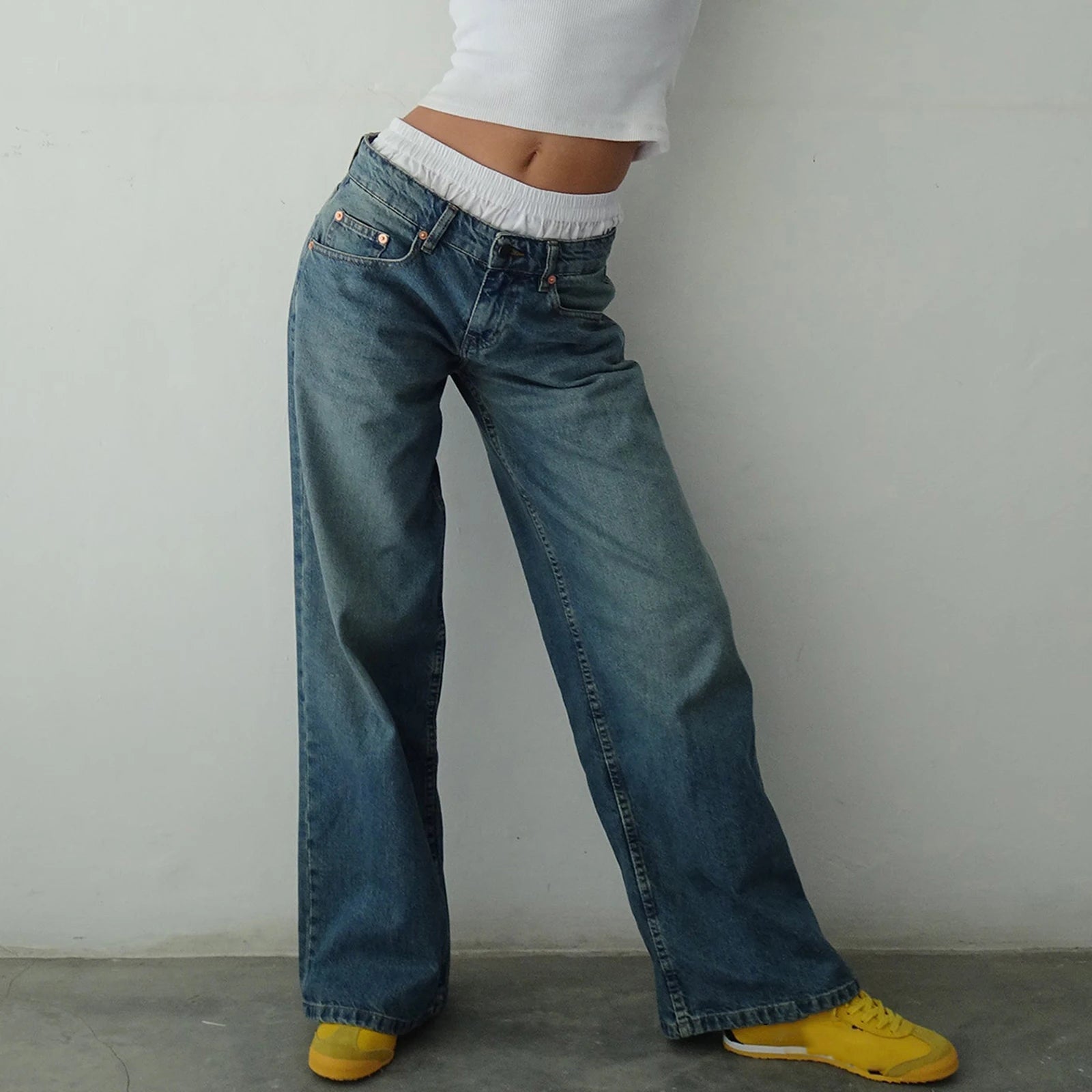 Women  Leg Boyfriend Jeans Denim Pants with Pocket Streetwear