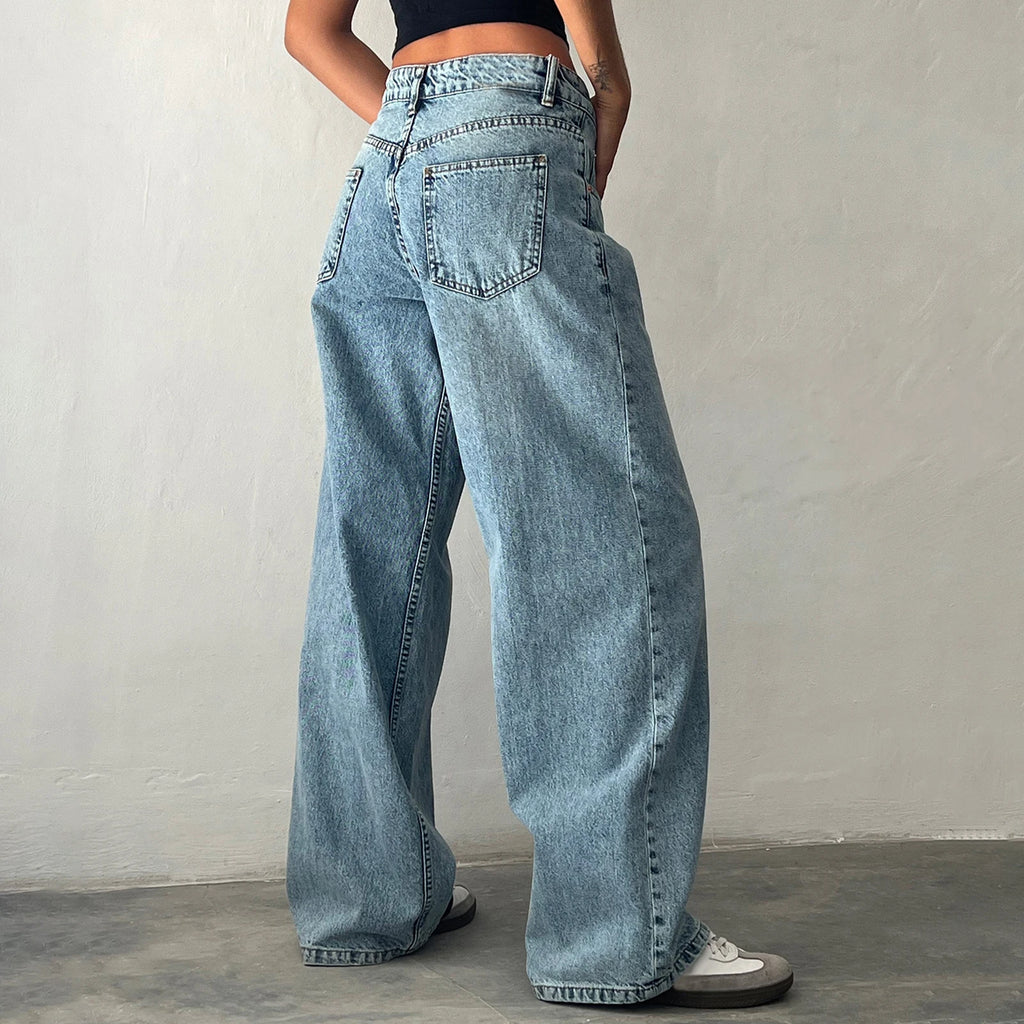 Women  Leg Boyfriend Jeans Denim Pants with Pocket Streetwear