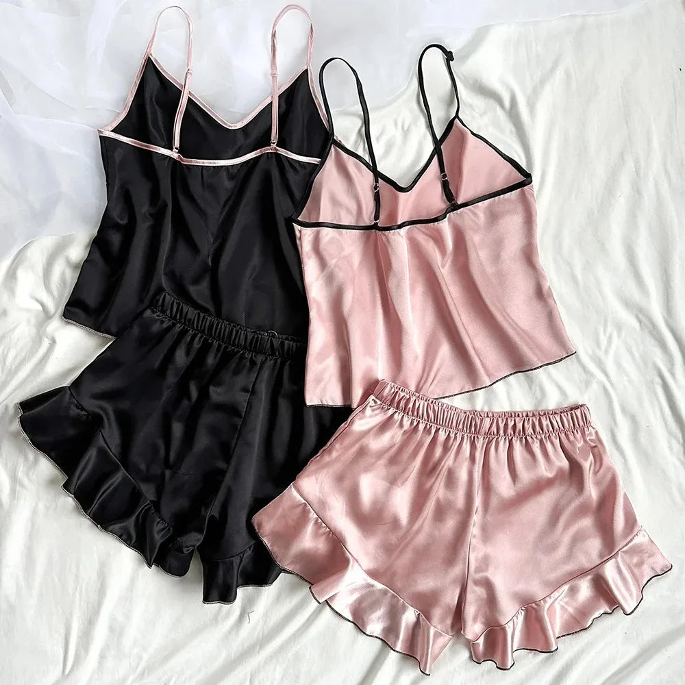 Women's Smooth Satin Pajamas V-Neck T-Shirt