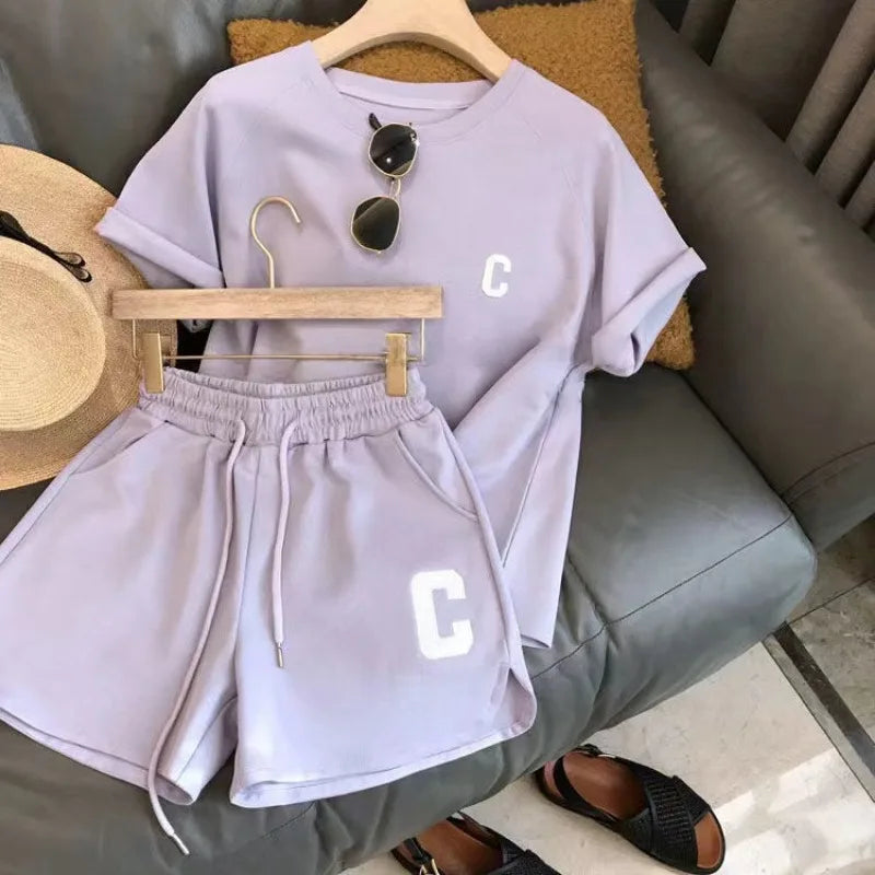 ﻿ 2 Piece Set Women Short Sleeve T-Shirt Casual