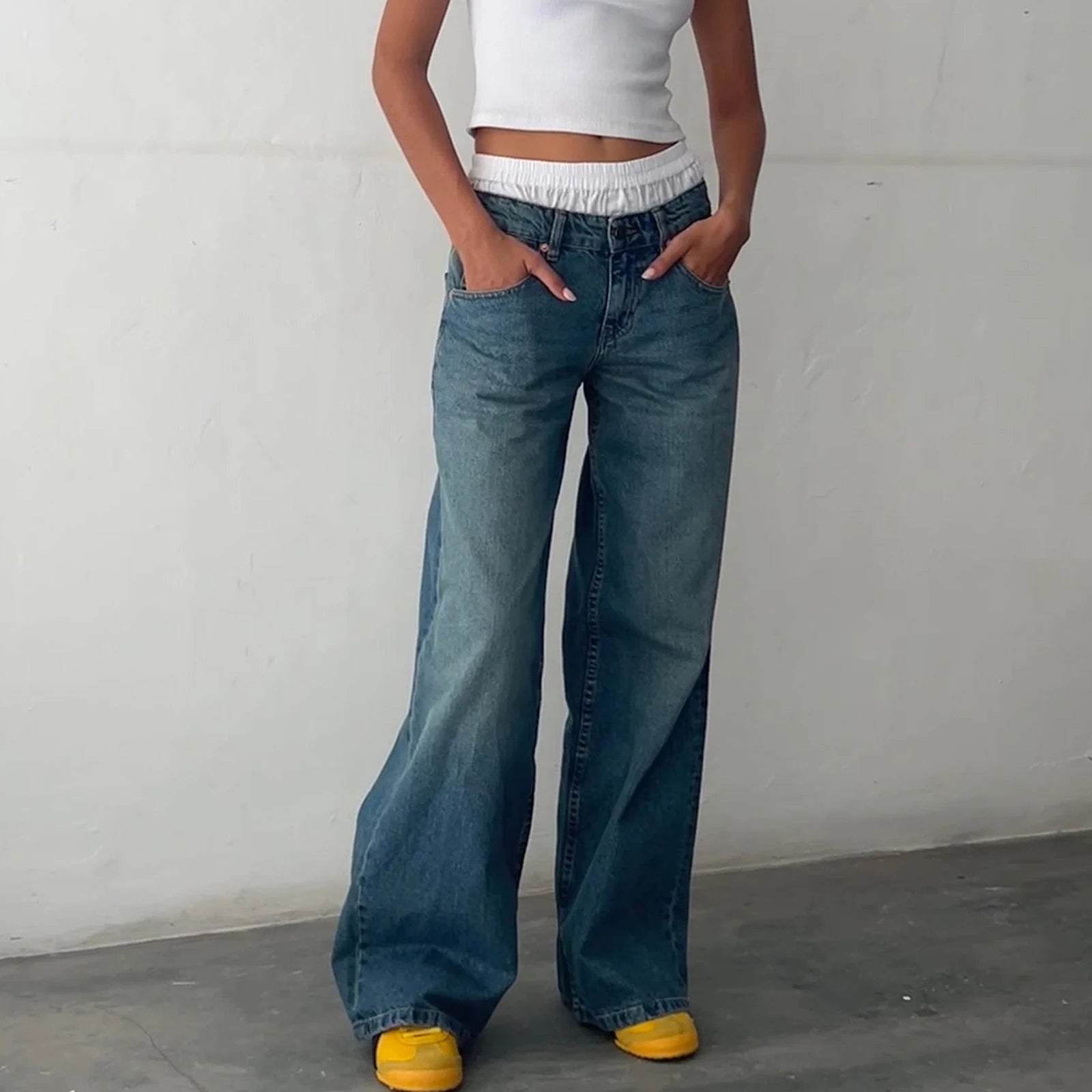 Women  Leg Boyfriend Jeans Denim Pants with Pocket Streetwear