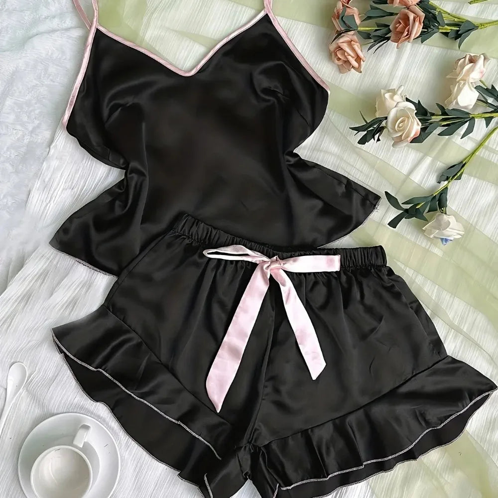 Women's Smooth Satin Pajamas V-Neck T-Shirt
