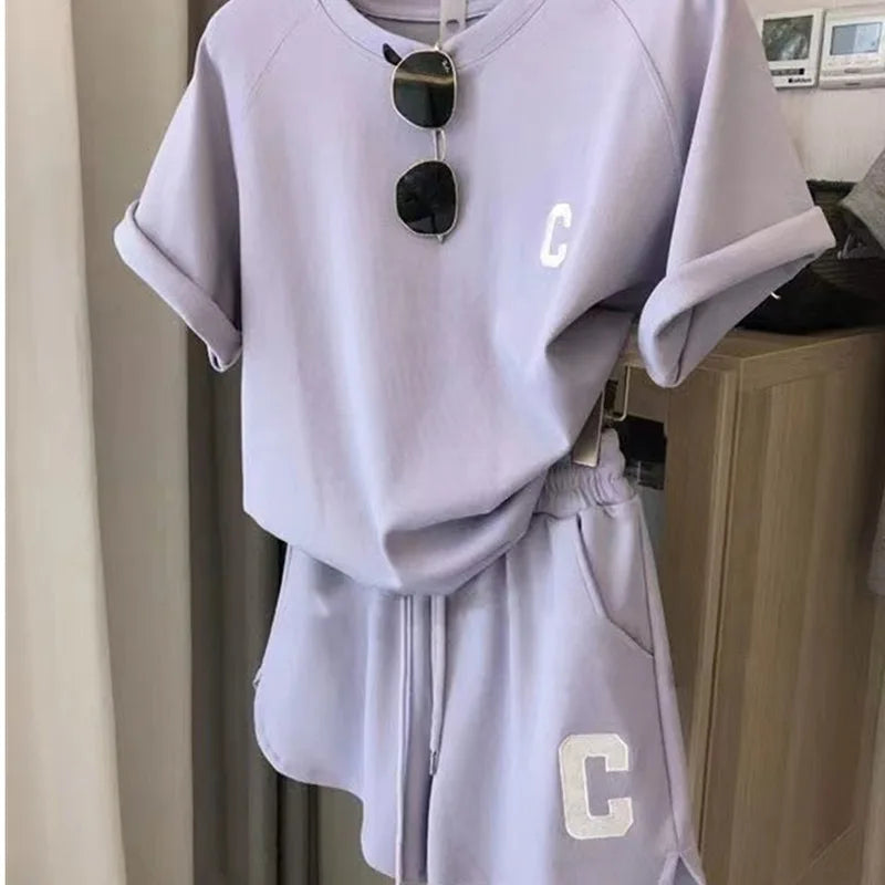 ﻿ 2 Piece Set Women Short Sleeve T-Shirt Casual